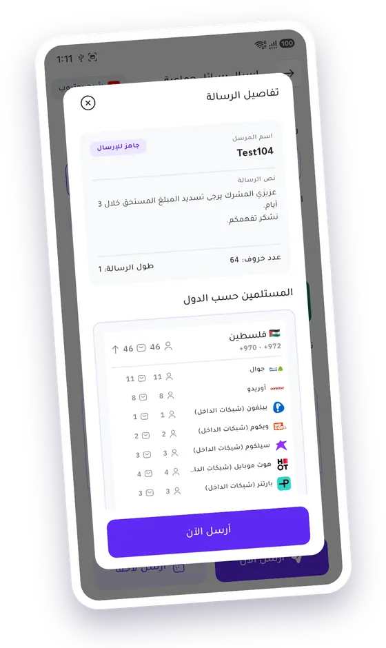 نافذة تفاصيل الرسالة قبل إرسالها: اسم المرسل، والنص، وعدد الأحرف، وتوزيع المستلمين حسب الدولة وشركة الاتصالات